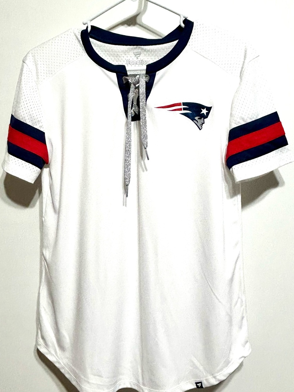 New England Patriots White Short-Sleeve Lace-Up Fan Shirt